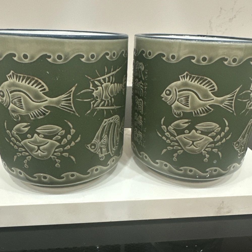 Green Planters 4.25” Tall 4” Diameter Fish Crab Lobster Squid Oriental